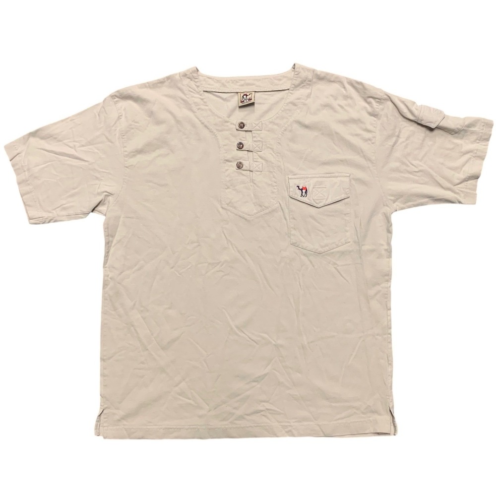 Cottonil Mens Beige Cotton Short Sleeve Henley Shirt Camel Logo Utility Pocket M